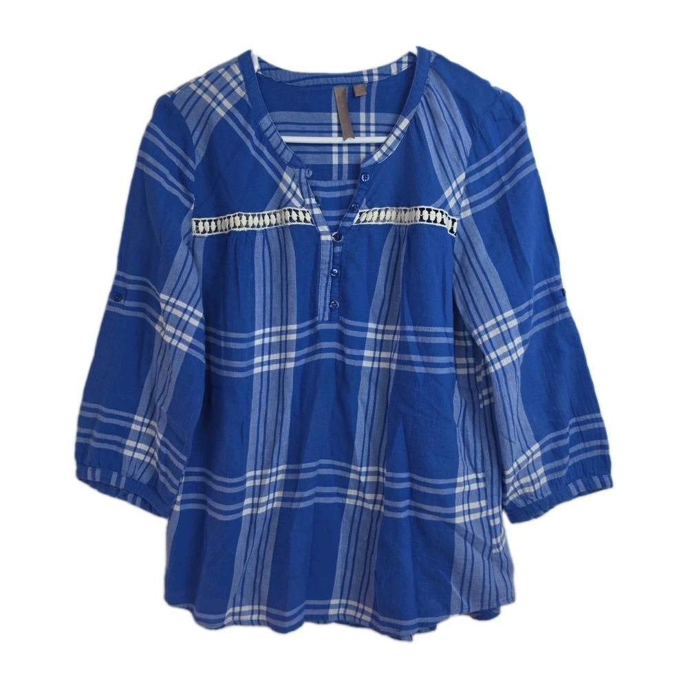 Brina & Em Peasant Blouse Women's M Blue/White Plaid 3/4-Slvs V-Neck 1/4-Buttons